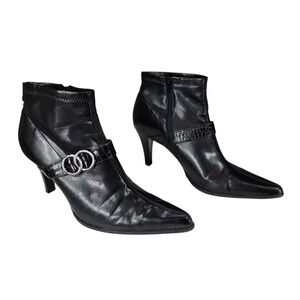 Franco Sarto Ankle Boots sz 9M Women Black Leather Pointed Toe Stiletto Witchy *